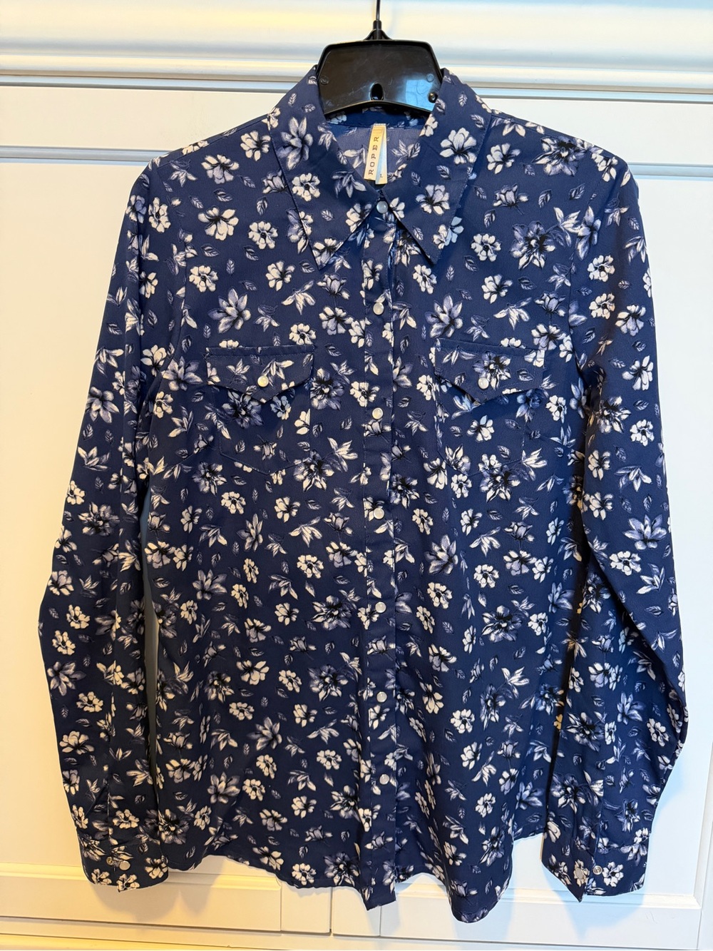 Roper Pearl Snap Navy and White Floral Button-Down Blouse